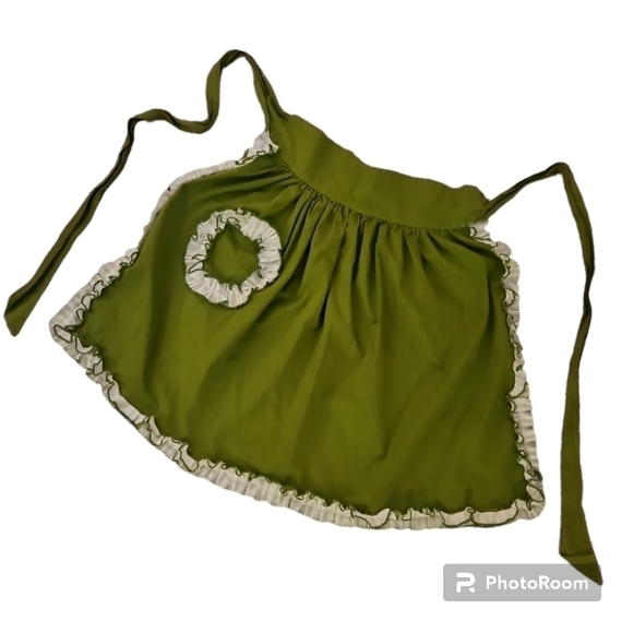 Vintage HANDMADE 1950s Green Ruffle Tie Back Apron - Picture 6 of 6